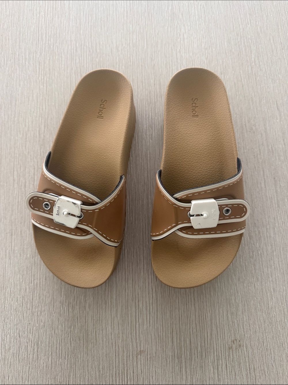 Dr. Scholl's Tan Slide Sandals with White-Trim Buckles